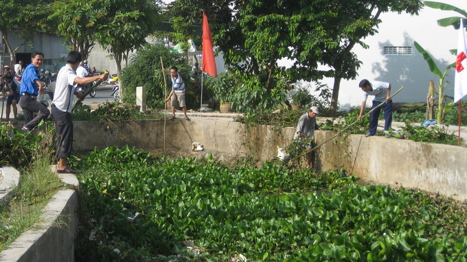 Vớt lục bình trên kênh rạch - Ảnh: Nguyễn Thanh An